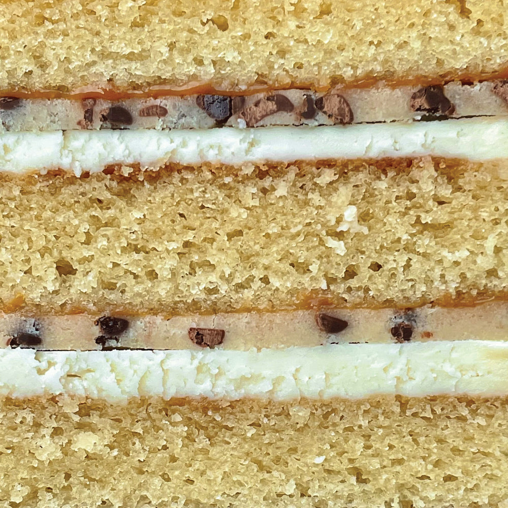 Caramel Cookie Dough Cake Slice